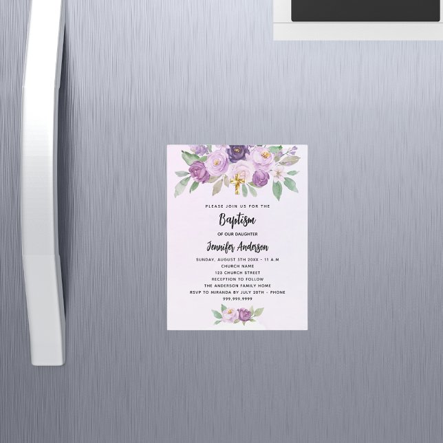Baptism violet flowers greenery cross luxury magnetic invitation (Creator Uploaded)