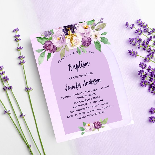 Baptism violet purple flowers cross girl invitation (Creator Uploaded)