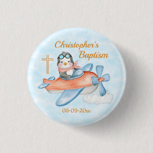Baptism Watercolor Baby Penguin Aeroplane Custom 3 Cm Round Badge