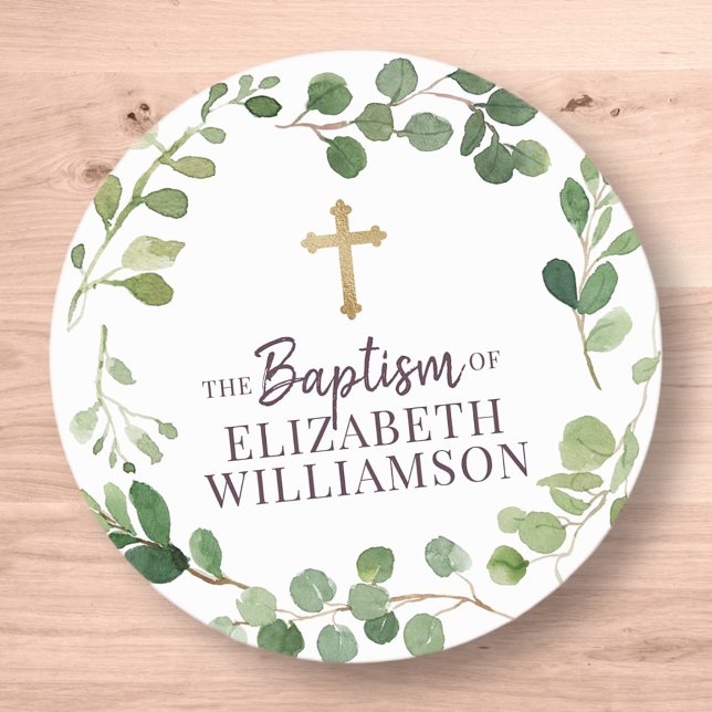 Baptism Watercolor Foliage Botanical Cross Photo Classic Round Sticker (Creator Uploaded)