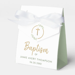Baptism Watercolor Green Wreath gold cross Custom Favour Box