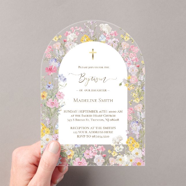 Baptism watercolor meadow flowers acrylic invitations (Insitu (Handheld))