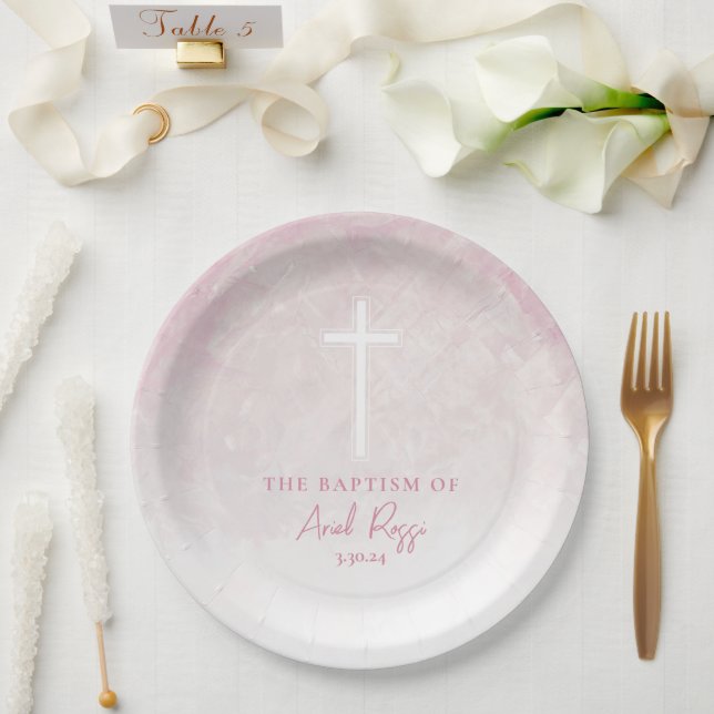 Baptism Watercolor Pastel Pink Paper Plates (Wedding)