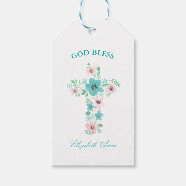 Baptism Watercolor Pink and Teal Flower Cross Gift Tags (Front)