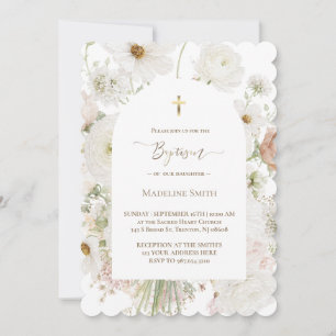 Baptism watercolor white flowers bouquet invitation