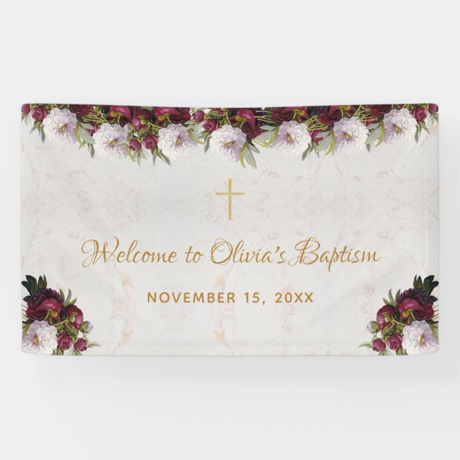 Baptism Welcome Burgundy Peony Marble Gold Cross Banner (Horizontal)