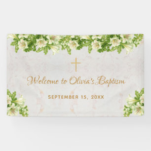 Baptism Welcome Floral White Lilies Marble  Script Banner