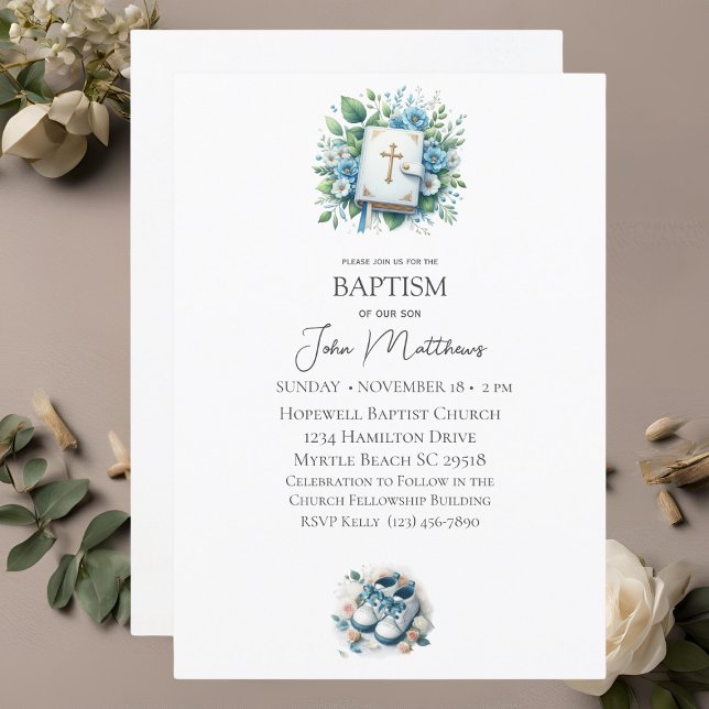  Baptism White Floral Cross and Bible Boys Invitation (Creator Uploaded)