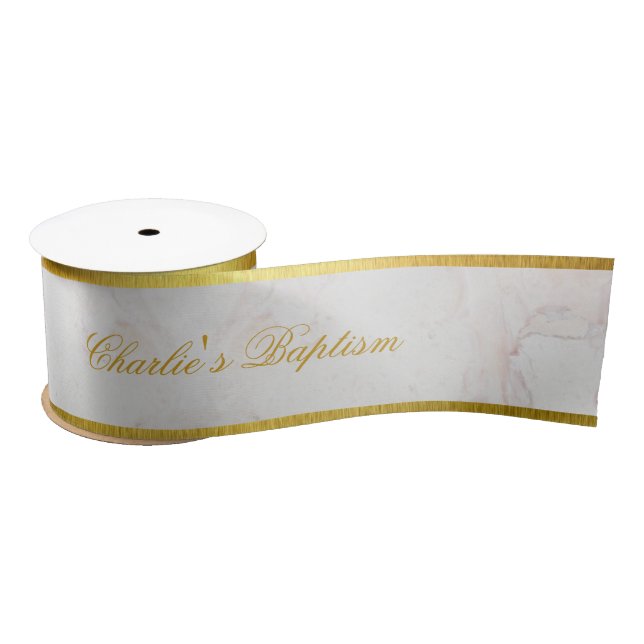 Baptism White Marble Faux Gold Elegant Calligraphy Satin Ribbon (Spool)