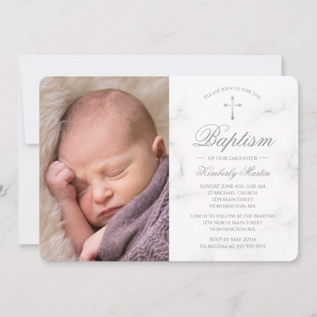 Baptism White Marble Silver Cross Photo Girl Invitation (Front)
