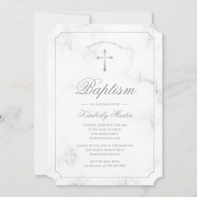 Baptism White Marble Silver Cross Script Photo Invitation (Front)