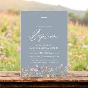 Baptism Wildflower Dusty Blue Script Invitation