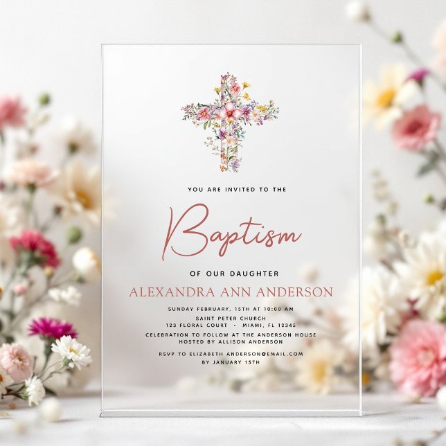 Baptism Wildflower Dusty Pink Rose Greenery Acrylic Invitations (Creator Uploaded)