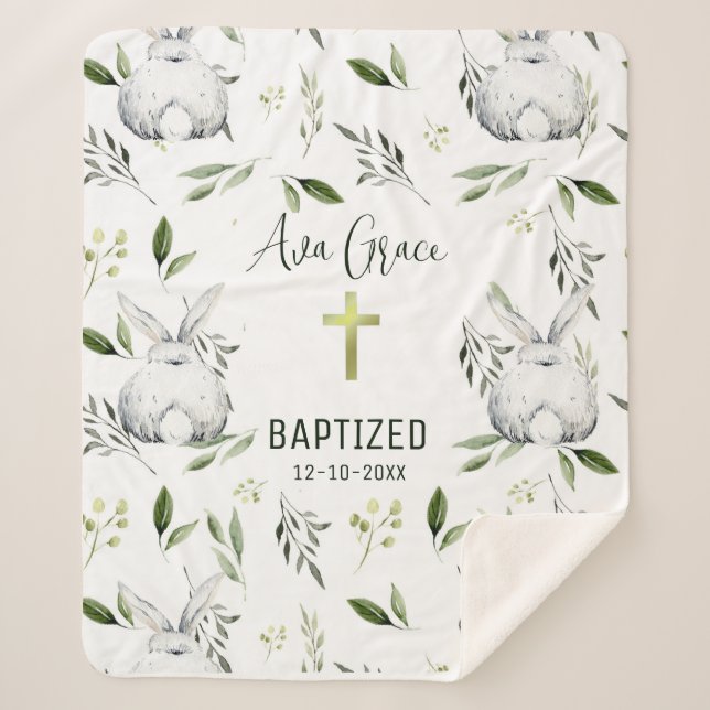 Baptism with Cross, Bunny Sherpa Fleece Blanket (Front)