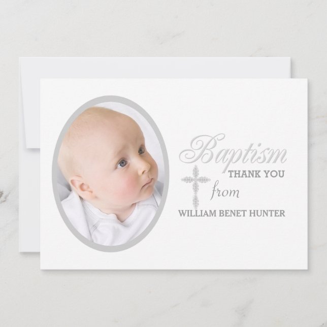 Baptism Word Silver Photo Thank You Notecard (Front)