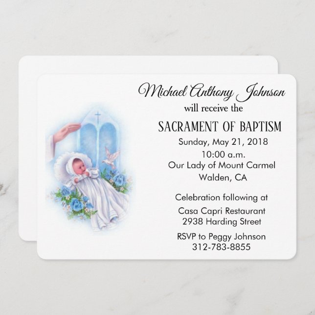 Baptismal Baby Boy Blue Flowers Invitation (Front/Back)