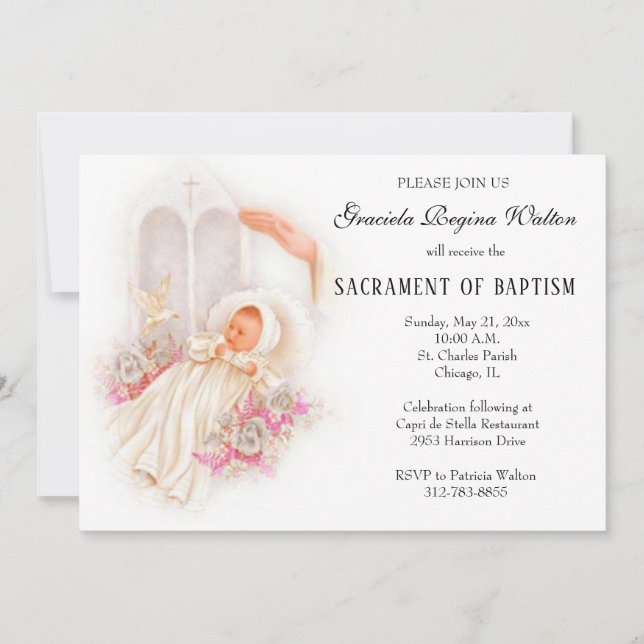 Baptismal Baby Girl Pink Flowers Invitation (Front)