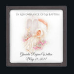 Baptismal Baby Girl Pink Flowers Keepsake Gift Box<br><div class="desc">This personalised traditional Baptismal keepsake jewellery box has a darling image of a baby girl being blessed on her baptism day accented with pink roses. There is an area for you to personalise with the name of the child.. It would be a perfect keepsake to store all the small gifts...</div>