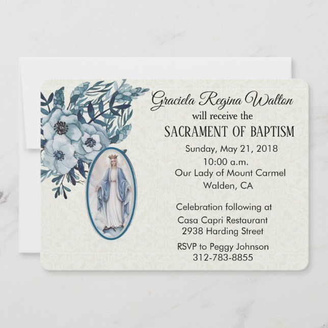 Baptismal Baby Virgin Mary Blue Flowers Invitation (Front)