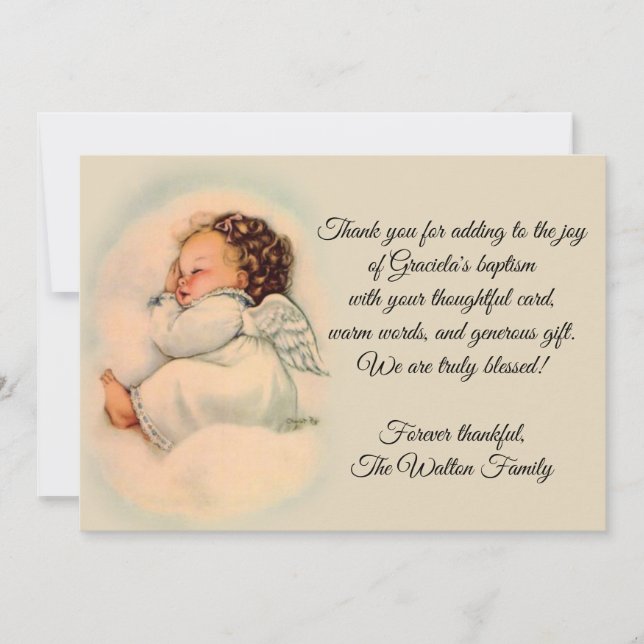 Baptismal Vintage Baby Girl Angel Thank You Card (Front)