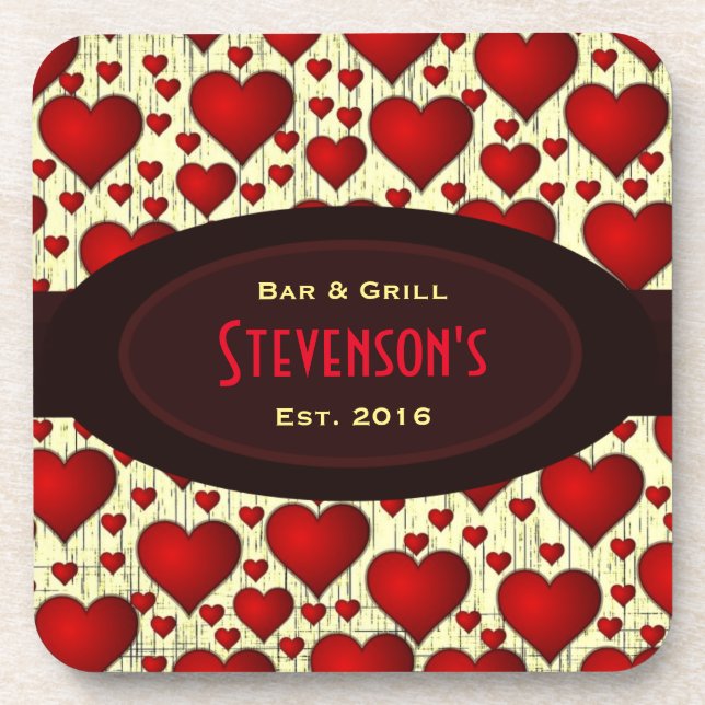 Bar and Grill on Red Hearts and Burgundy Nameplate Coaster (Front)