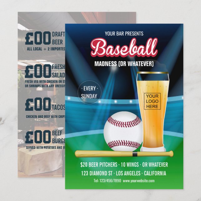 Bar Baseball Event Promo Menu add photo and logo Invitation (Front/Back)