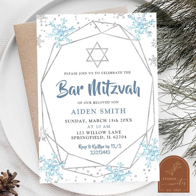 Bar/Bat Mitzvah Blue Winter Snowflake  Invitation (Creator Uploaded)