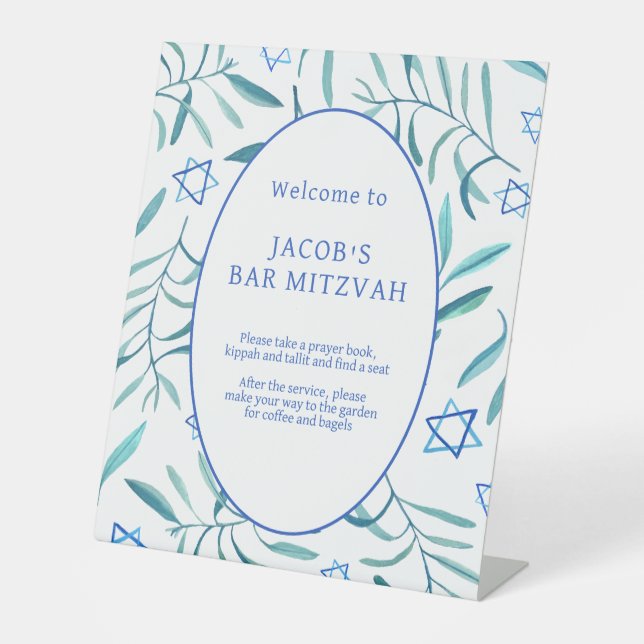 Bar Bat Mitzvah Jewish Wedding Botanicals Custom Pedestal Sign (Front)