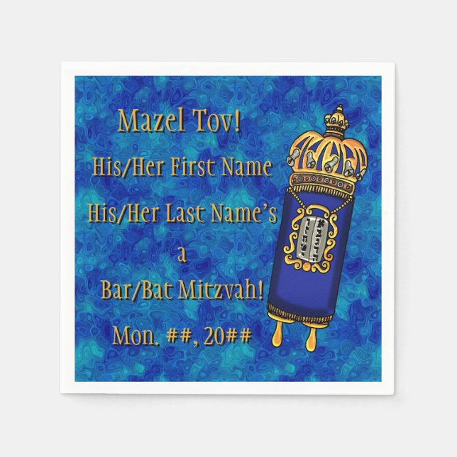Bar-Bat Mitzvah Torah on Blue Marble Personalised Napkin (Front)