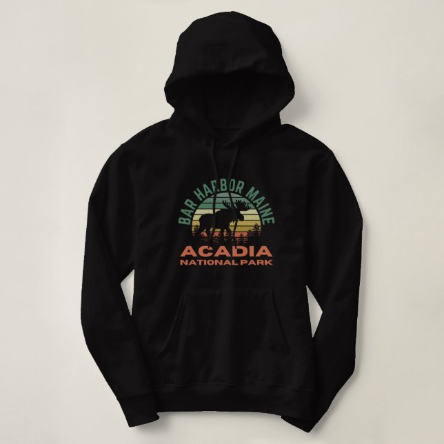 Bar Harbour Maine Acadia National Park Moose Retro Hoodie (Design Front)