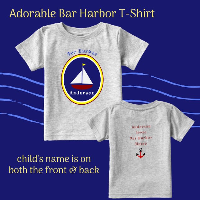 Bar Harbour Maine Cute Sailboat with Child's Name Baby T-Shirt (Creator Uploaded)