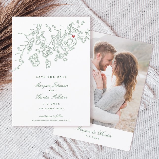 Bar Harbour Maine Map Hunter Green Photo Save The Date (Bar Harbor Maine Map Elegant 5x7 Photo Save the Date in hunter green from Penobscot Bay Shop)