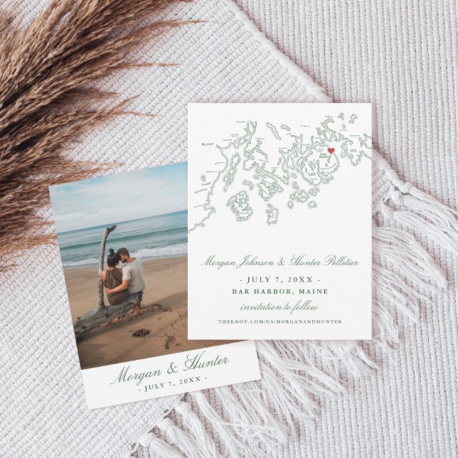 Bar Harbour Maine Map Hunter Green Save The Date (Bar Harbor Maine Map Elegant Small Photo Save the Date in hunter green from Penobscot Bay Shop)