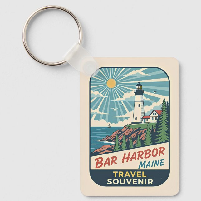 Bar Harbour, Maine Retro Lighthouse 1950s Key Ring (Front)