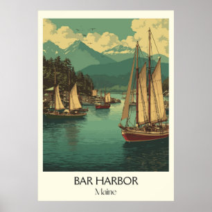 Bar Harbour Maine Vintage Sailboats Coastal Art Poster