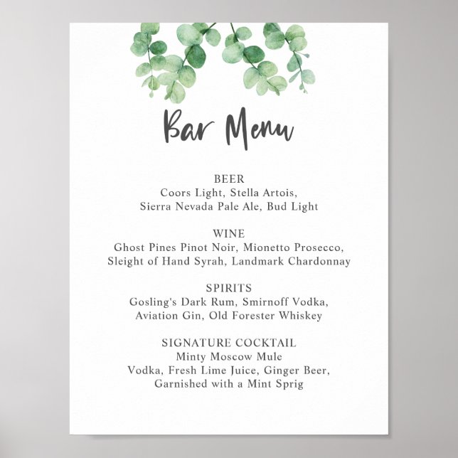 Bar Menu Eucalyptus Wedding Botanical Greenery Poster (Front)