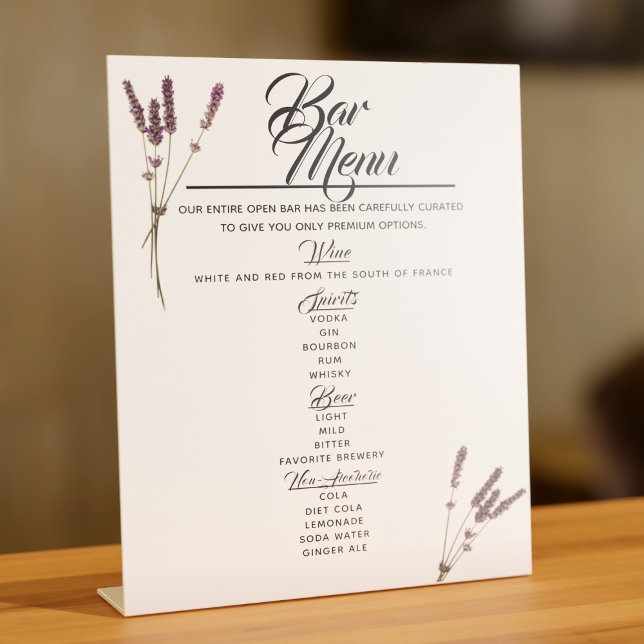 Bar Menu Lavender Wedding Drinks Pedestal Sign (A lovely lavender Bar Menu pedestal sign for your list of drinks available at your wedding. )