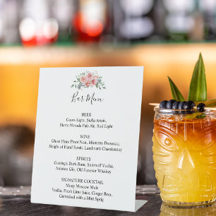 Bar Menu Pink Floral Wedding Boho Chic Script Pedestal Sign