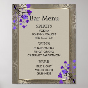 Bar Menu - Purple Floral & Antique Silver Damask Poster
