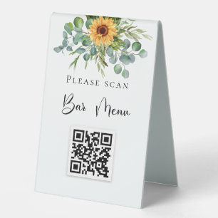Bar menu QR code sunflowers eucalyptus greenery