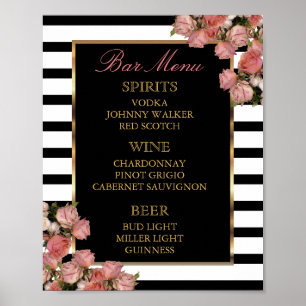 Bar Menu -  Rose Gold and Stripe Wedding Poster