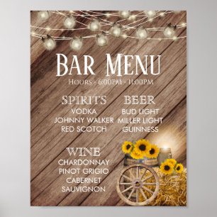 Bar Menu - Rustic Wood Barrel & Sunflowers Poster