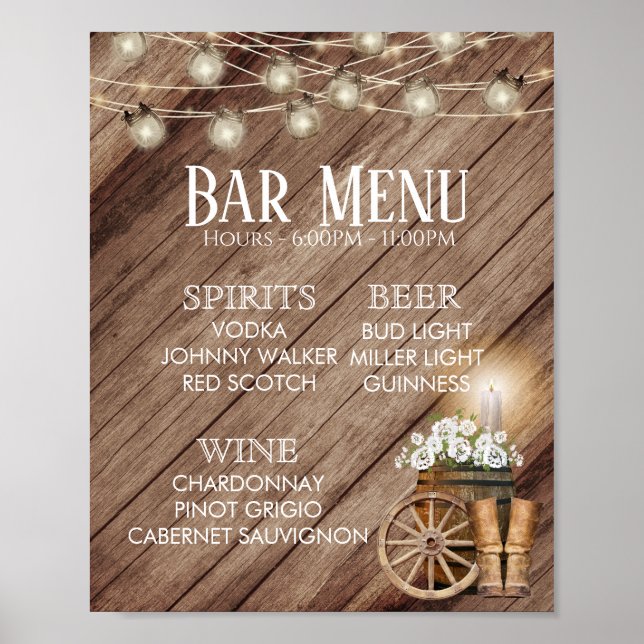 Bar Menu - Rustic Wood Barrel Wedding Poster (Front)