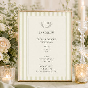 Bar Menu Sage Green Striped Monogram Wedding Poster
