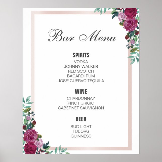 BAR MENU sign | burgundy floral | wedding bar (Front)