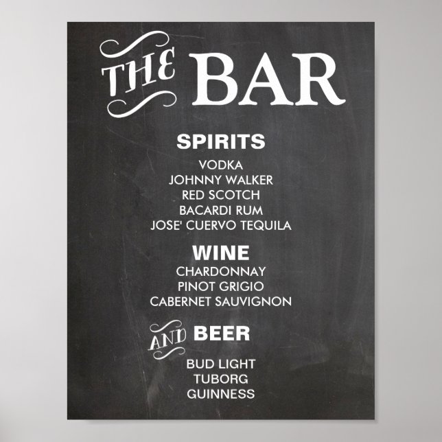 BAR MENU sign for wedding and party reception (Front)