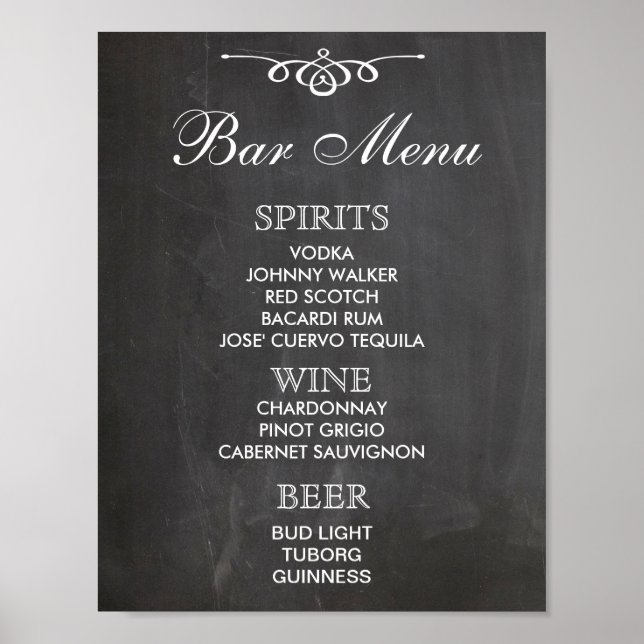 BAR MENU sign for wedding and party reception (Front)