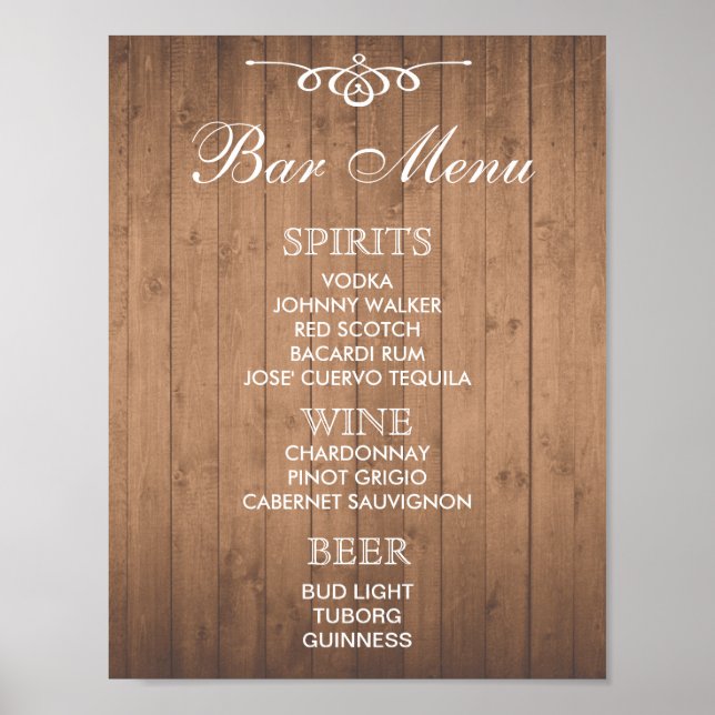 BAR MENU sign for wedding and party reception (Front)