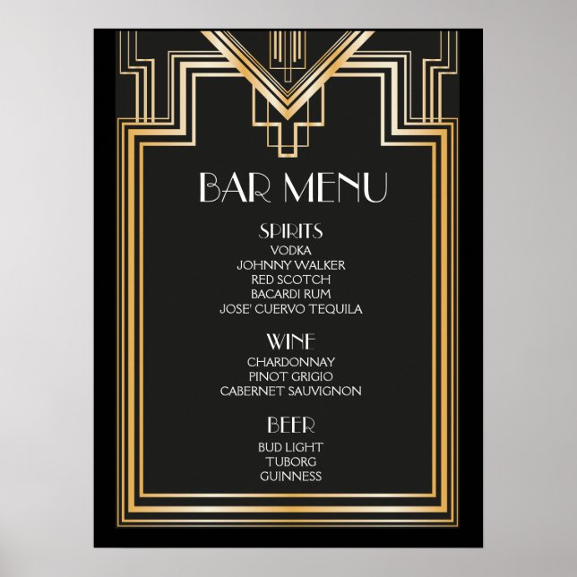 BAR MENU sign | Great Gatsby inspired wedding (Front)