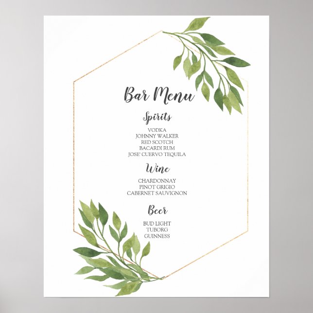 BAR MENU sign | green and gold botanical wedding (Front)